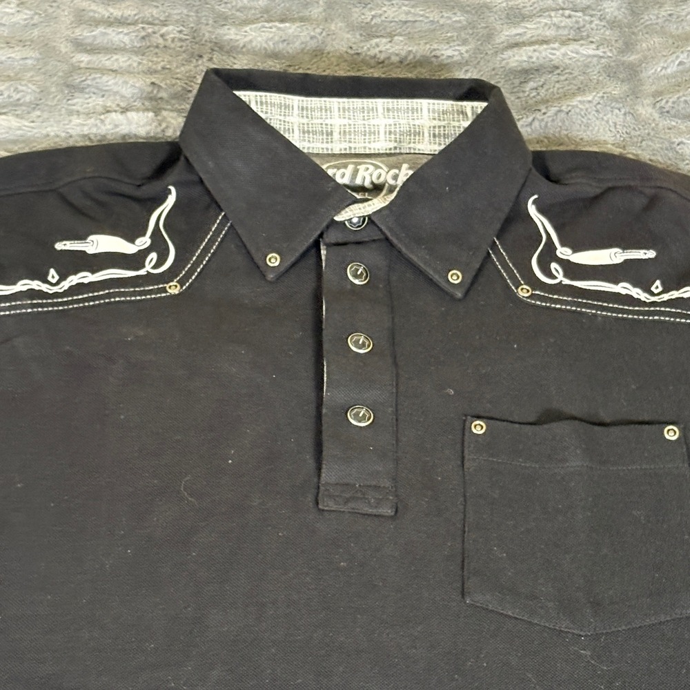 Hard Rock Hotel Cancun Mens Large Black Western Polo Shirt Guitar Embroidery